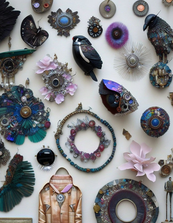 Assorted decorative objects: jewelry, butterfly, flowers, jacket, bird figurine