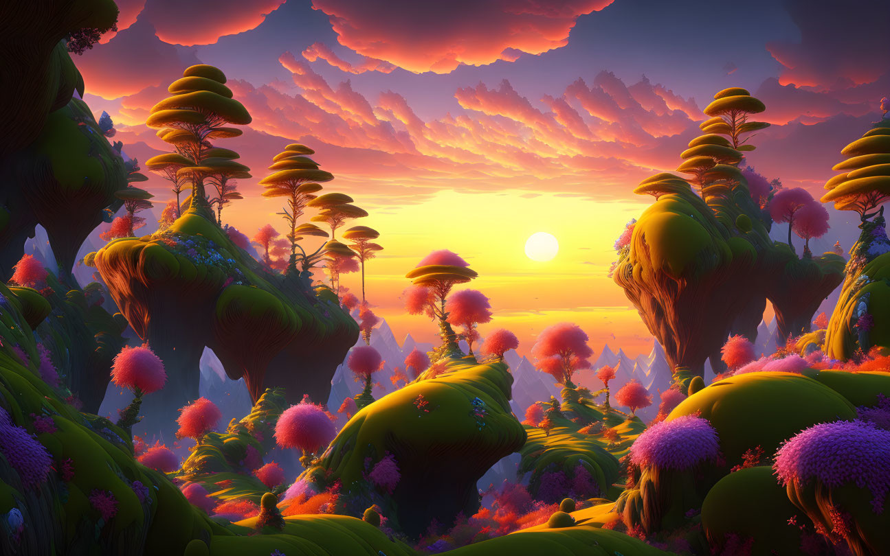 Colorful Mushroom Trees and Sunset Sky Landscape