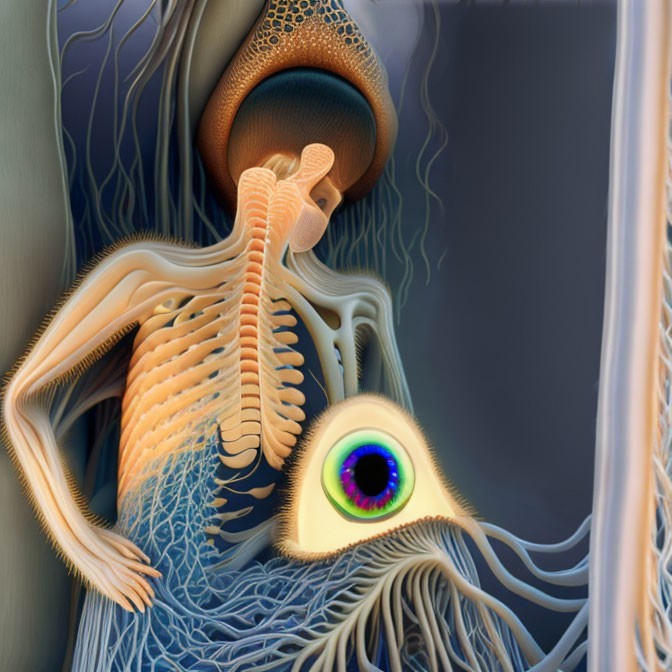 Surreal illustration: human figure, exposed ribcage, rainbow eye, organic forms