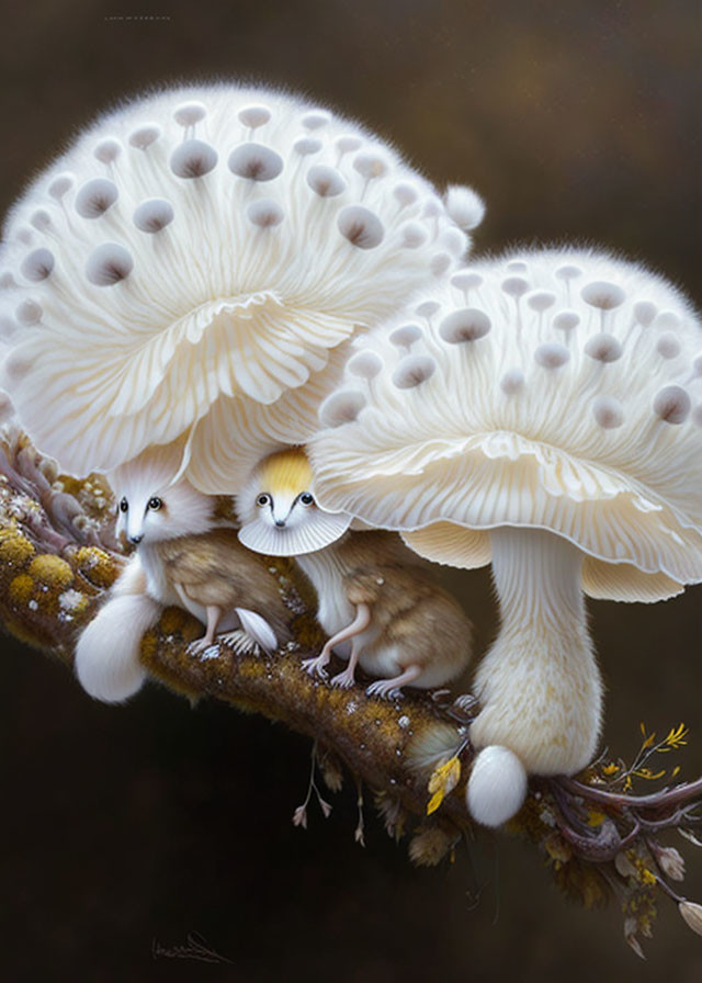 Small Fluffy Creatures with Bird-Like Features Under Oversized Mushrooms