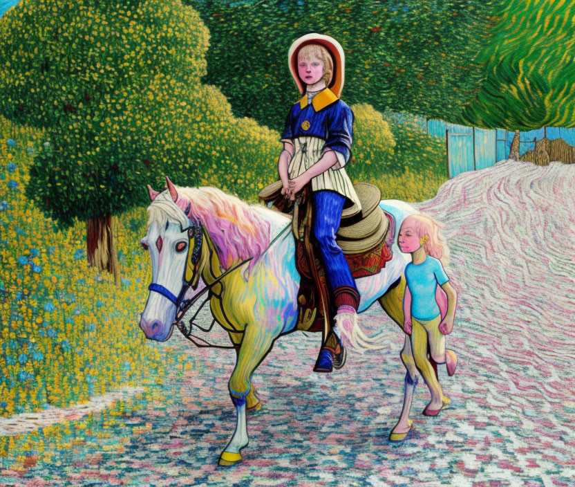 Child riding white horse on colorful path with greenery under blue sky