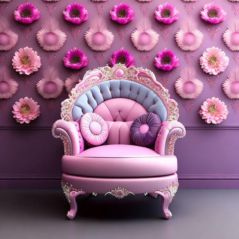 Vintage Pink Sofa with Ornate Detailing Against Purple Wall