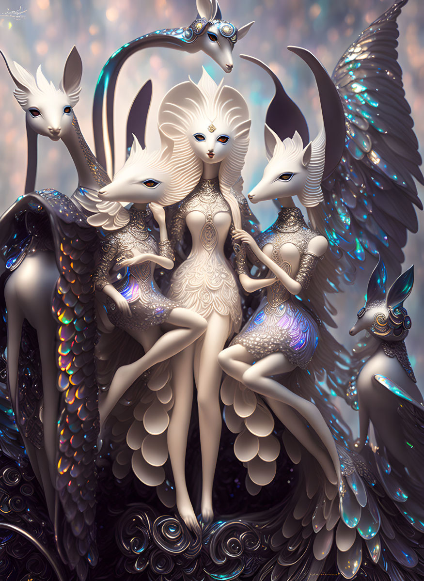 Fantastical anthropomorphic creatures with iridescent scales and wing-like appendages