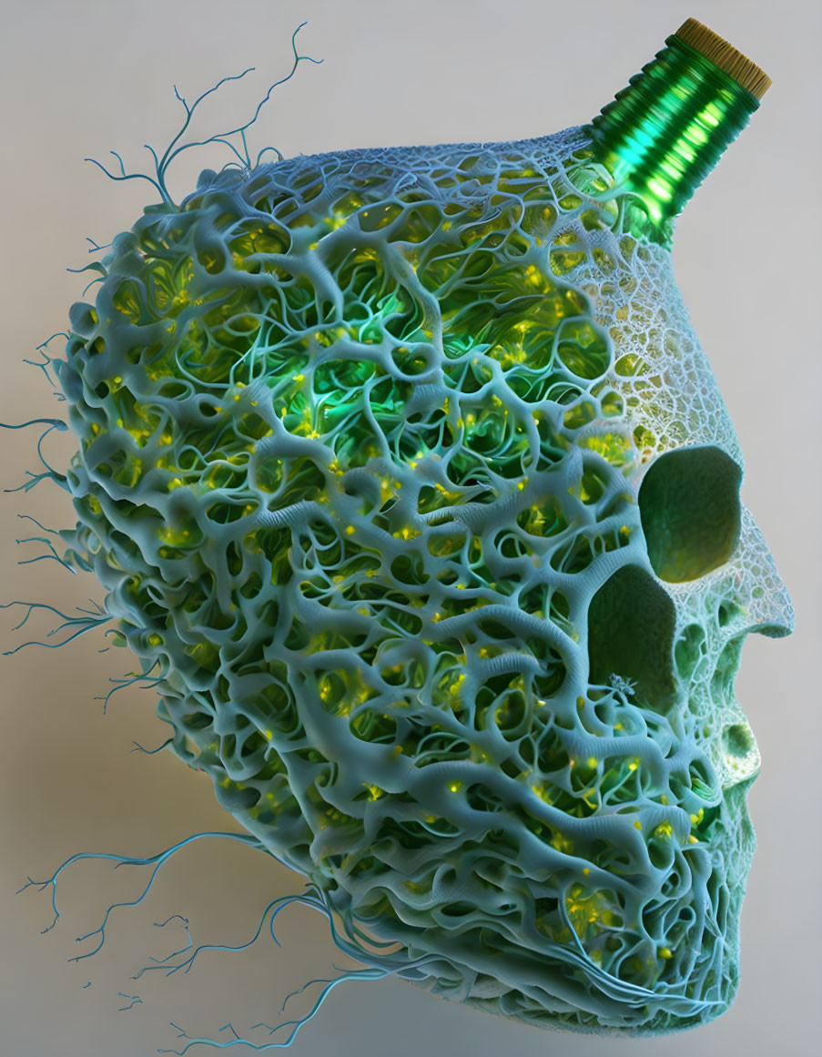 Conceptual 3D-rendered image: Human head structure with green neural networks