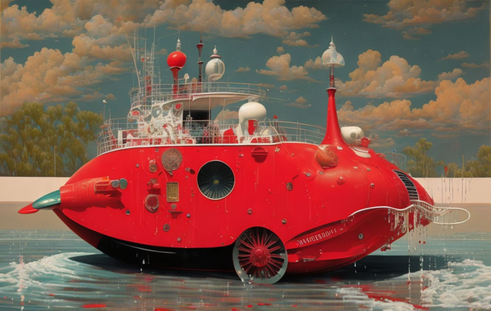Bright Red Steampunk Submarine Emerges from Water