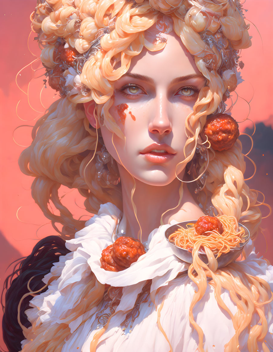 Illustration: Woman with golden curly hair, meatball and pasta hair accessories, blue eyes, r