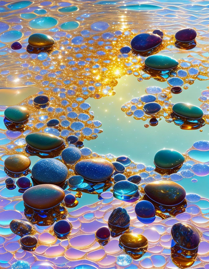 Multicolored pebble-like objects on fractal bubbles in a surreal digital image