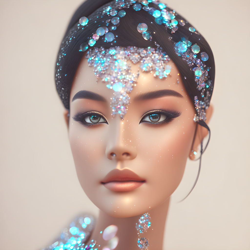 Intricate Gemstone Adorned Woman in Serene Expression