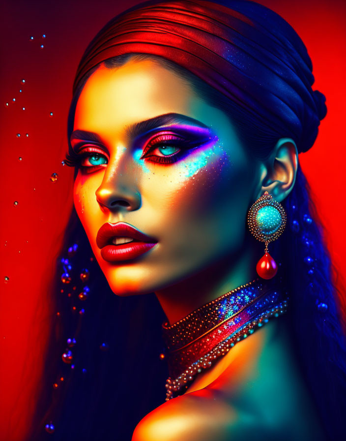 Portrait of woman with vibrant makeup, headscarf, and jewelry on red-blue gradient.