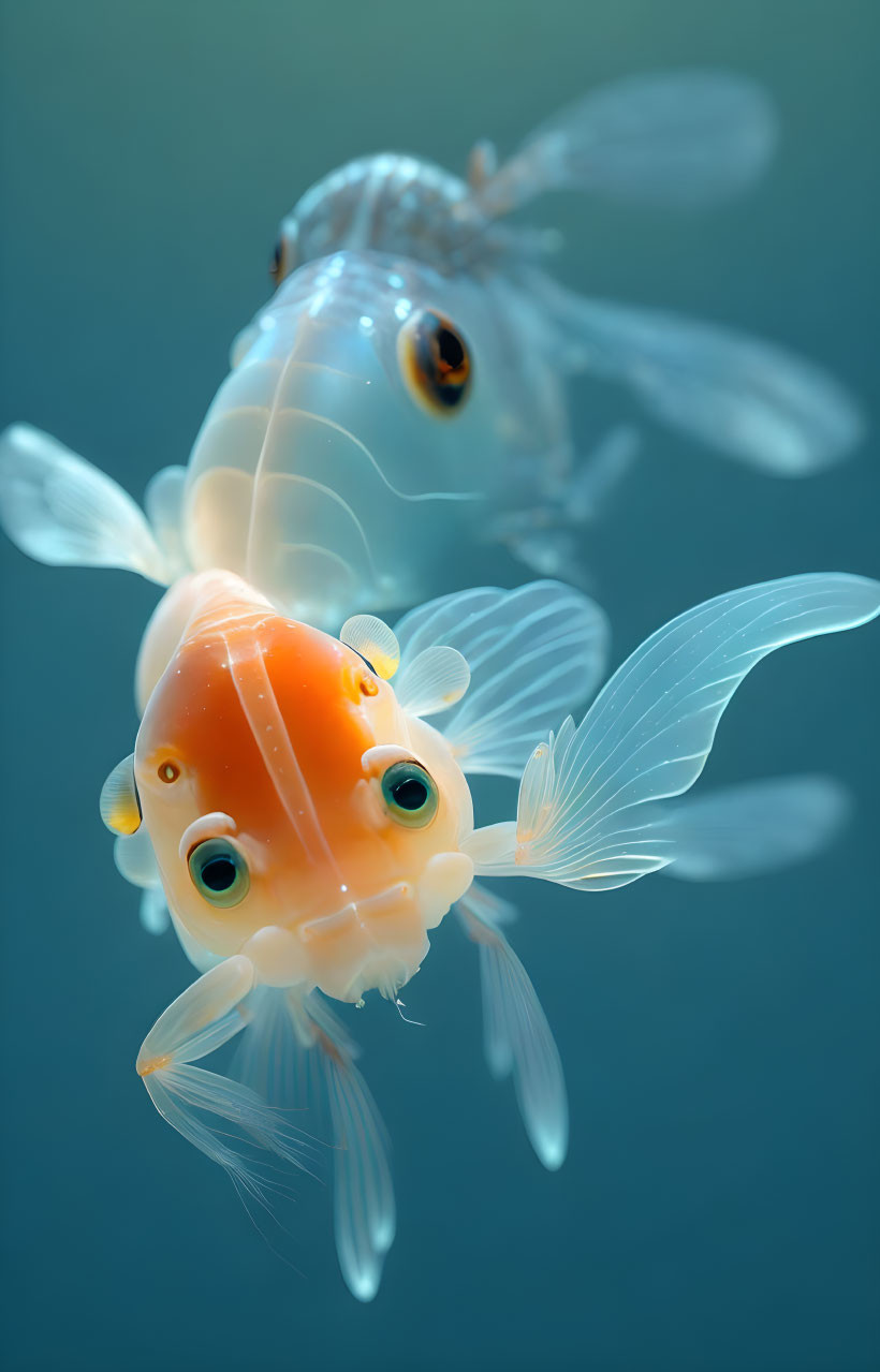 Translucent goldfish with visible internal structures swimming on blue background