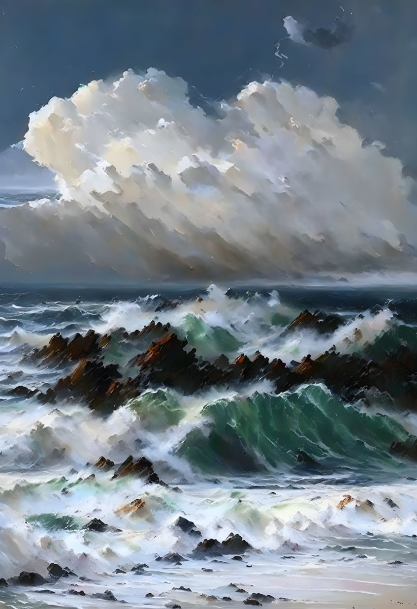 Dramatic oil painting of turbulent sea waves and rocky shores