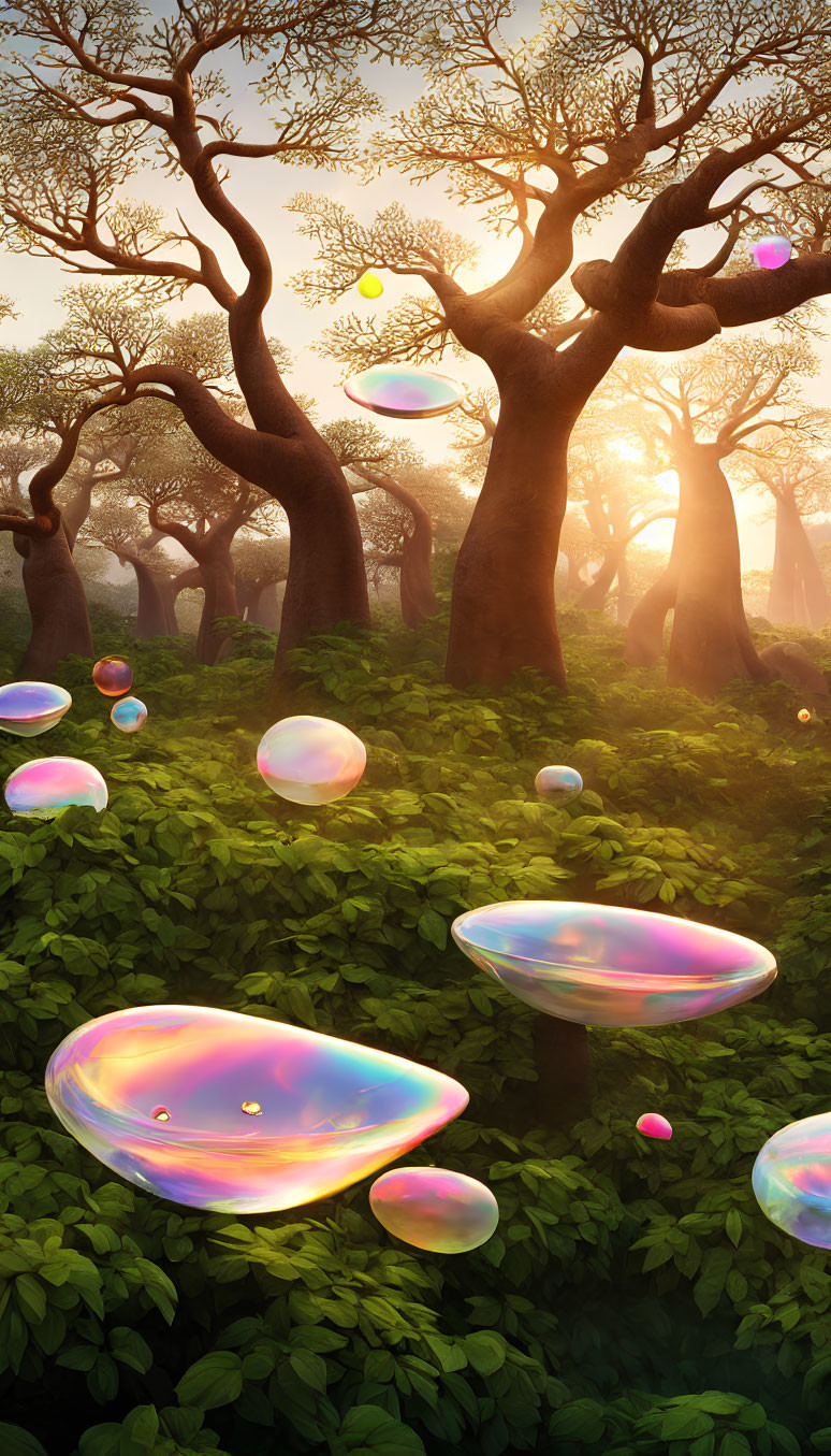 Lush forest with twisted trees and iridescent bubbles in sunlight