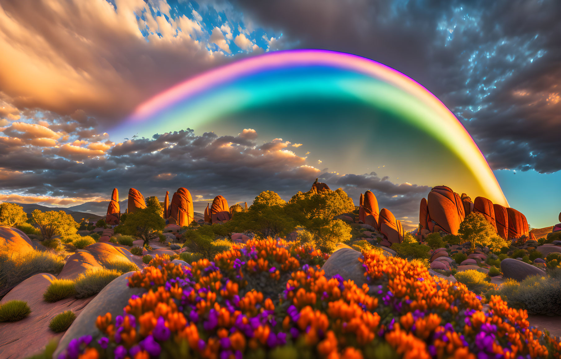 Colorful rainbow over desert with red rocks, orange flowers, and cloudy sky