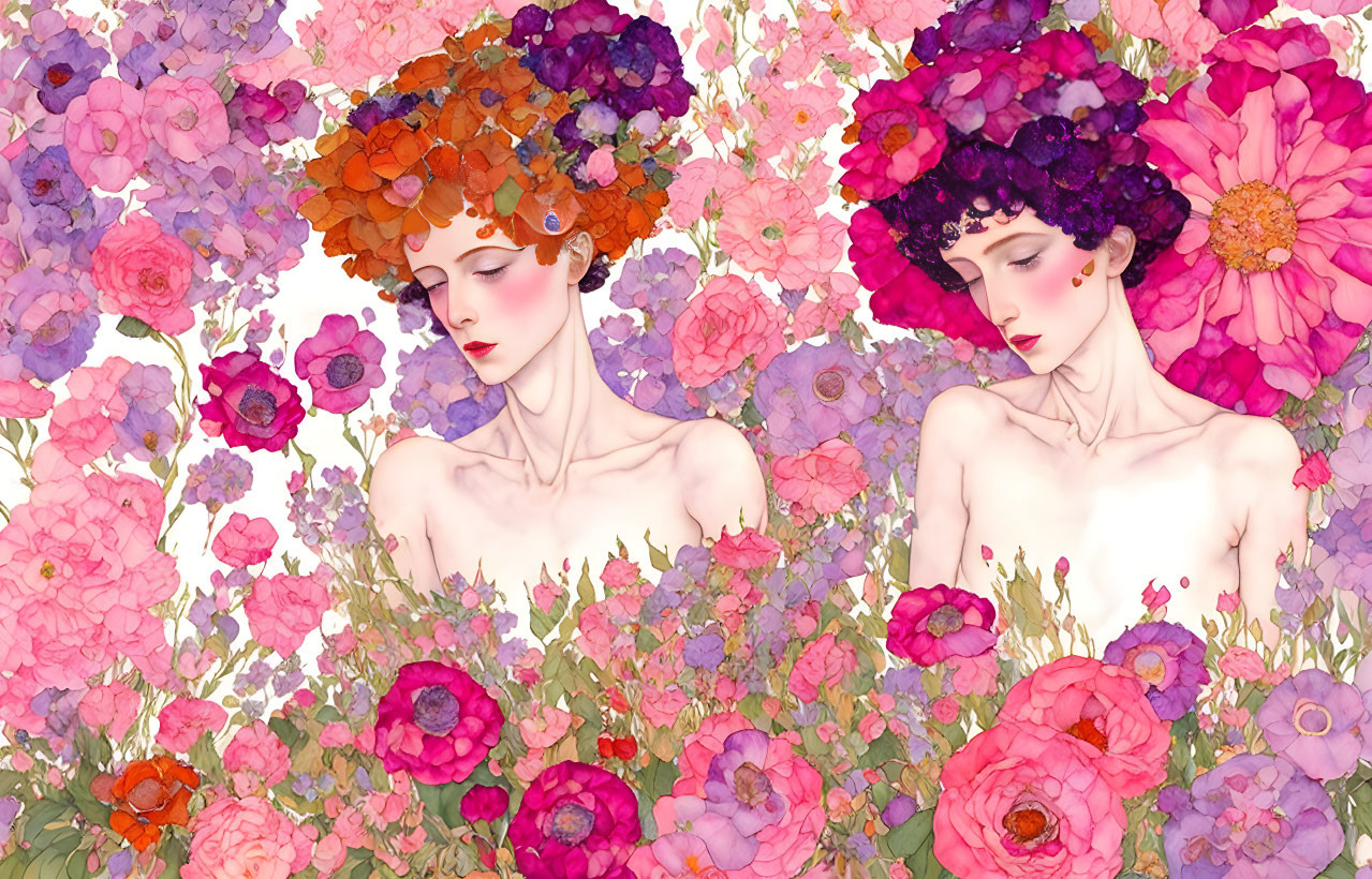 Illustrated women with floral hair in vibrant flower bouquet