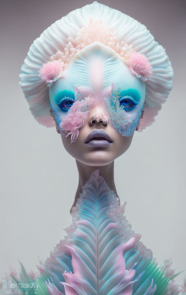 Stylized portrait of person with marine-themed makeup and coral textures