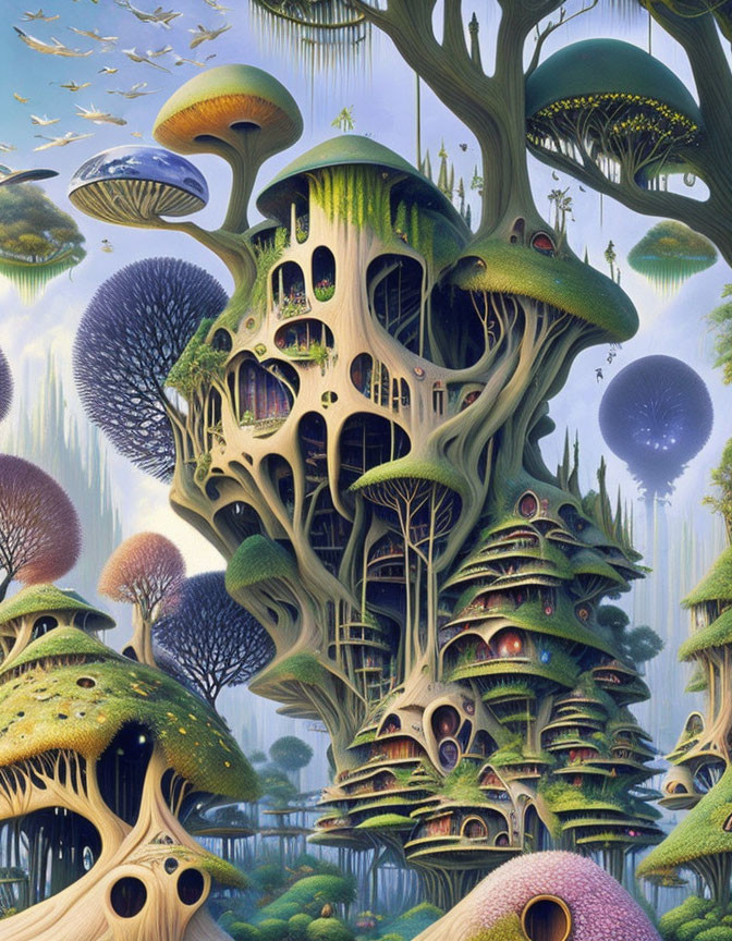 Surreal Fantasy Forest with Oversized Mushrooms and Hollow Trees