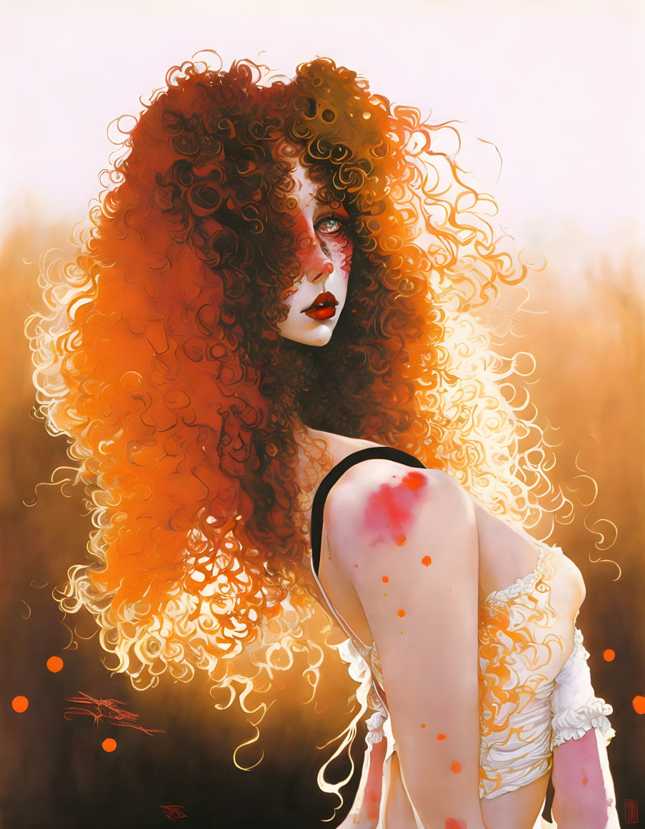 Stylized painting of woman with curly red hair against autumnal backdrop