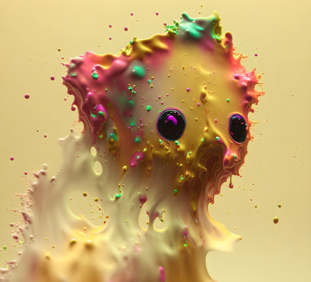 Vibrant abstract liquid splash with eye-like shapes on yellow background