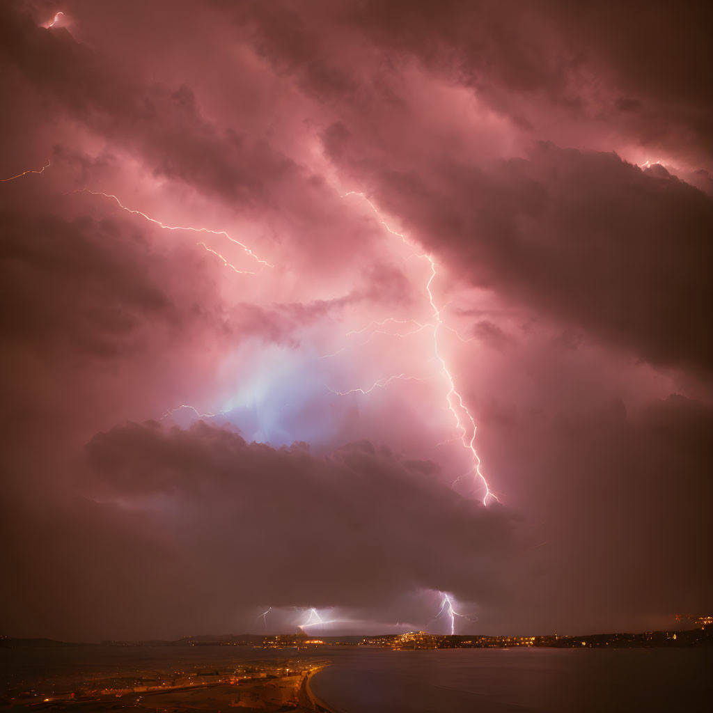 Multiple lightning strikes in dramatic night-time cityscape.