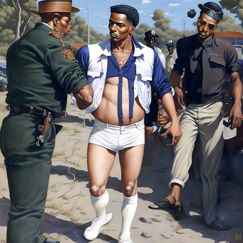 Stylish young man in cropped top confronts officers in 20th-century civil rights painting