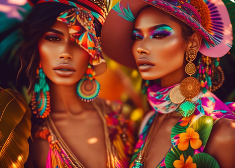 Colorful makeup and accessories on two women against warm backdrop