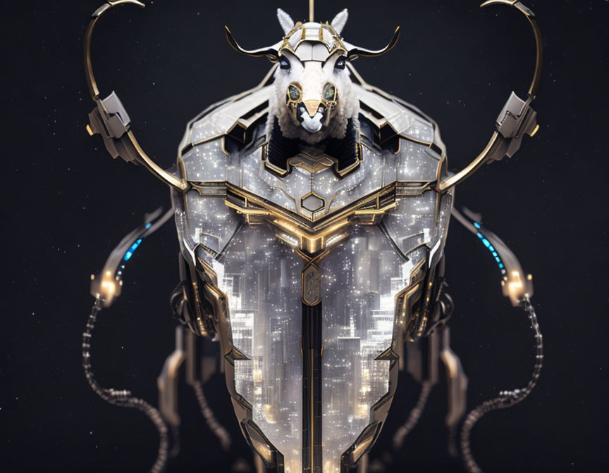 Futuristic robotic structure with goat head, intricate designs, glowing accents