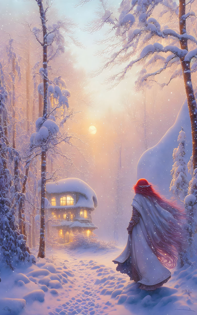 Person in Red Cloak on Snowy Path to Cozy Cottage in Snowy Forest