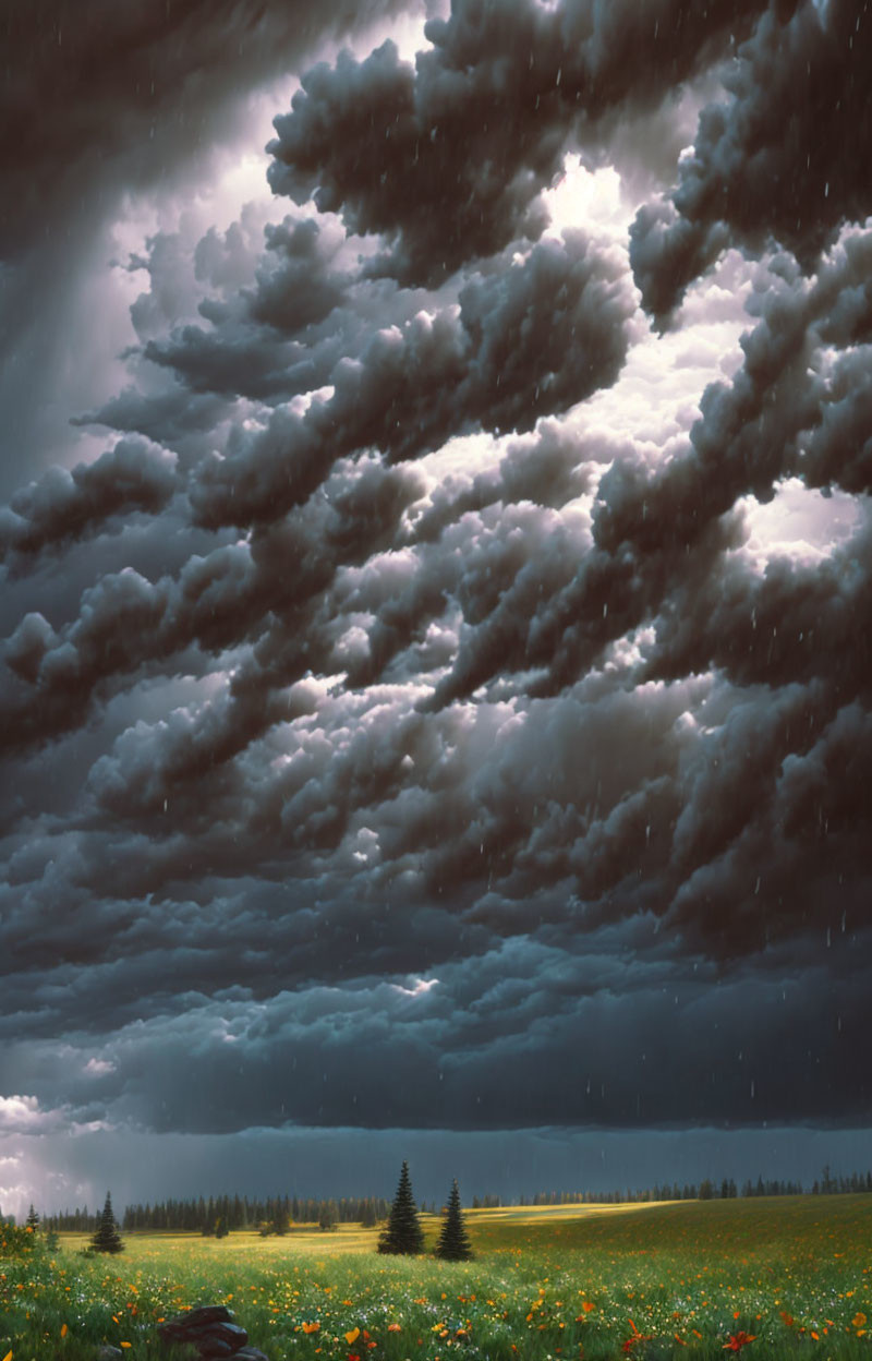 Stormy sky over serene meadow with scattered flowers and trees.