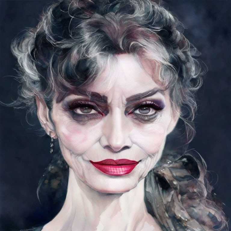 Portrait of woman with dramatic makeup: intense eyes, red lips, gray & black hair, elegant &