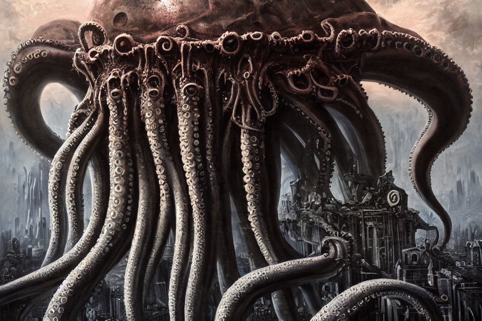 Giant octopus dominates dark cityscape with spread tentacles