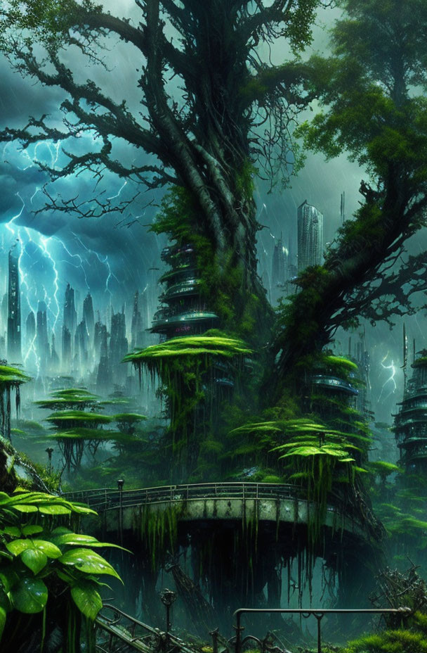 Futuristic cityscape in overgrown forest under stormy sky