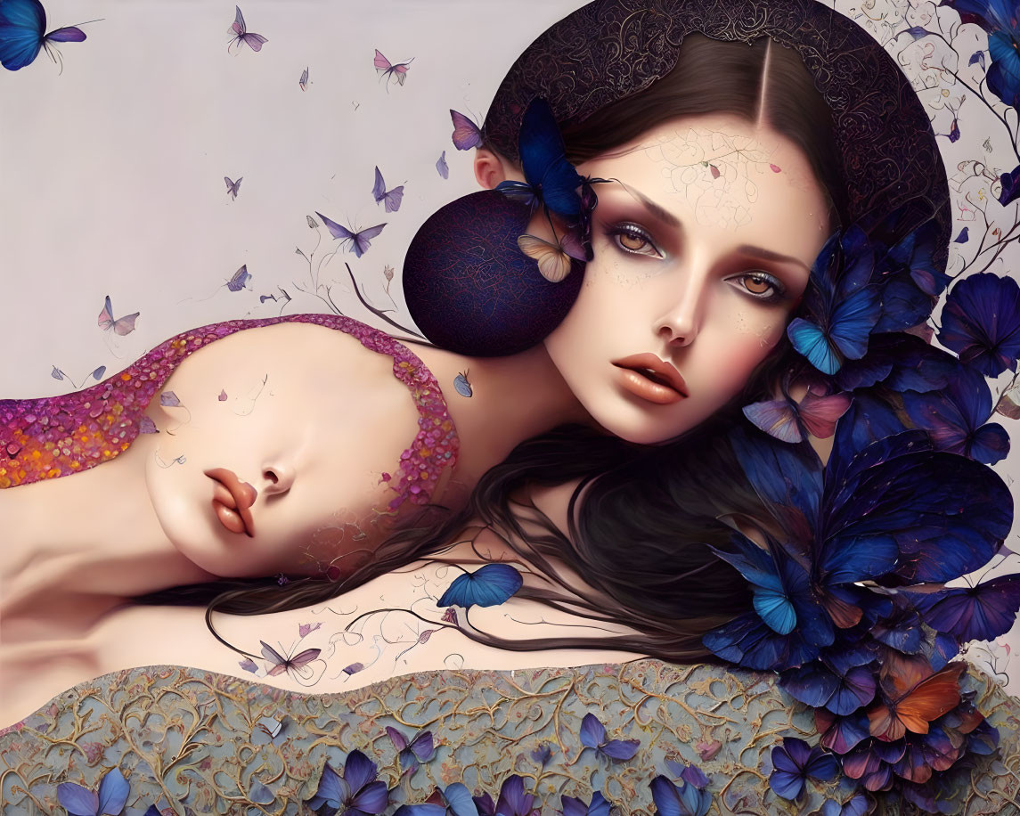 Surreal artwork: two female figures, butterflies, ornate details