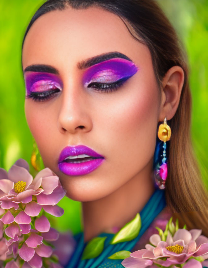 Woman with Bold Purple Makeup Surrounded by Pink Flowers