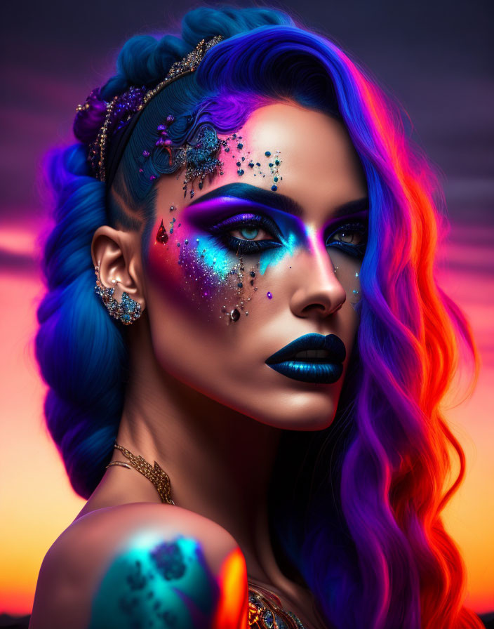 Vibrant blue and purple hair portrait with ornate makeup and mystical backdrop