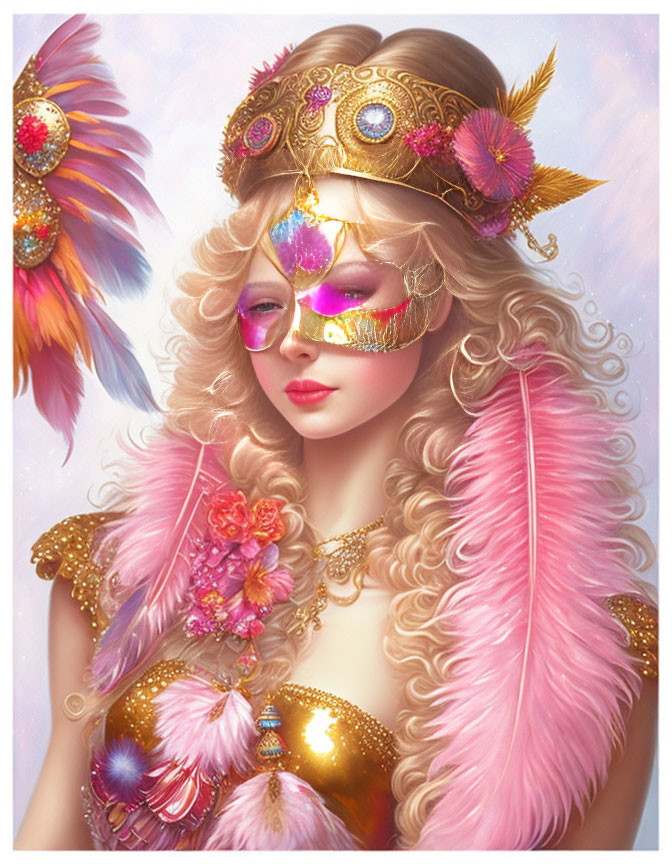 Fantasy illustration of a blonde woman with crown and mask holding a colorful bird