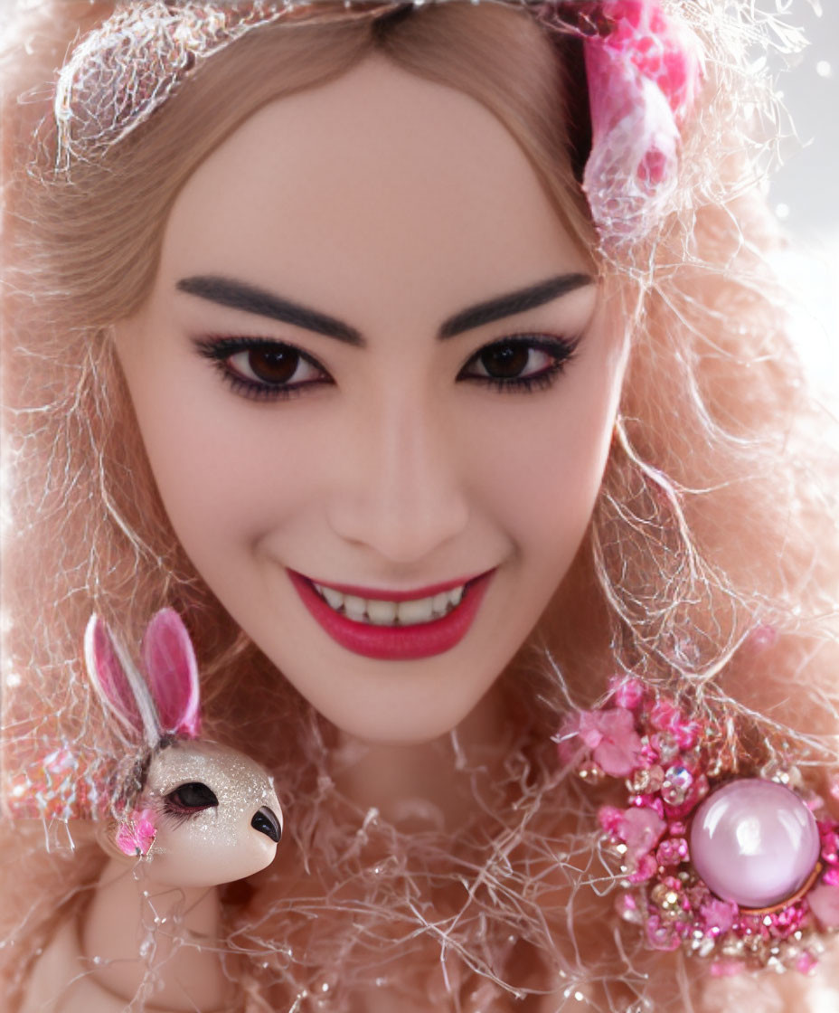 Smiling woman with dramatic makeup and floral hair accessory holding rabbit figurine