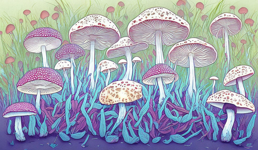 Colorful Illustration of Whimsical Purple Mushrooms in Blue Grass Scene