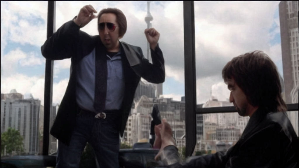 Two men in dramatic confrontation with city skyline in background.