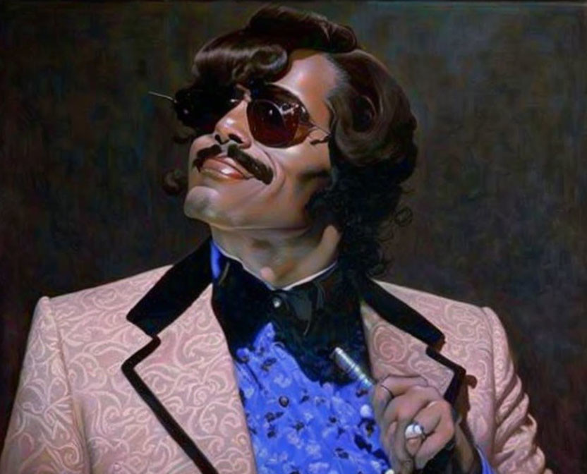 Stylized portrait of a man with mustache and sunglasses in patterned blazer and smoking pipe