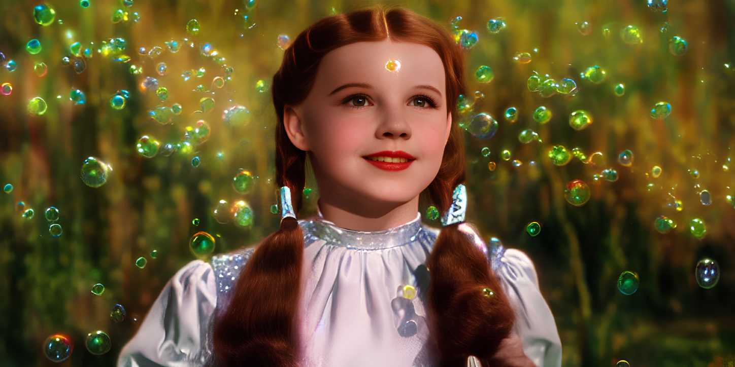 Young girl with braided hair in blue dress surrounded by glowing bubbles in forest