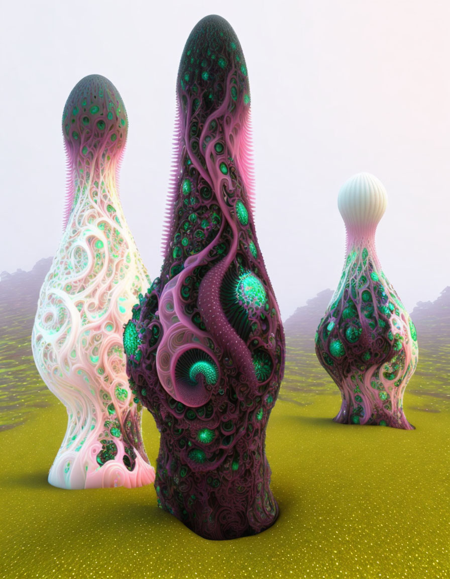 Fractal structures in surreal landscape with swirling colors