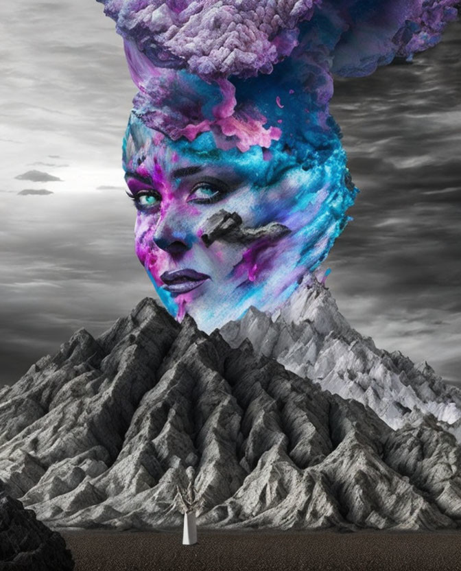 Surreal image: Woman's face merges with colorful smoke over grayscale landscape