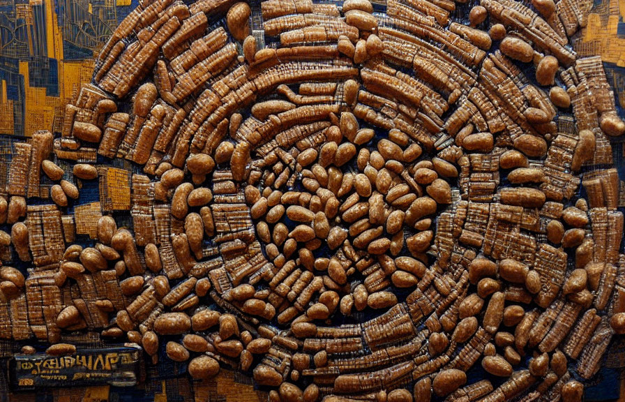 Circular Brown Textured Pods on Blue and Gold Background