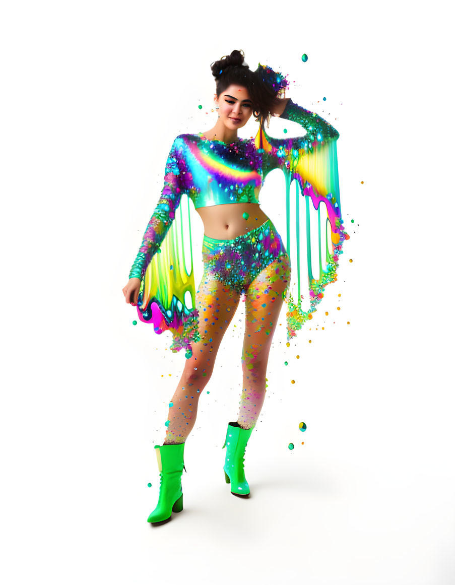 Colorful Woman in Paint-Dripping Clothes and Green Boots on White Background