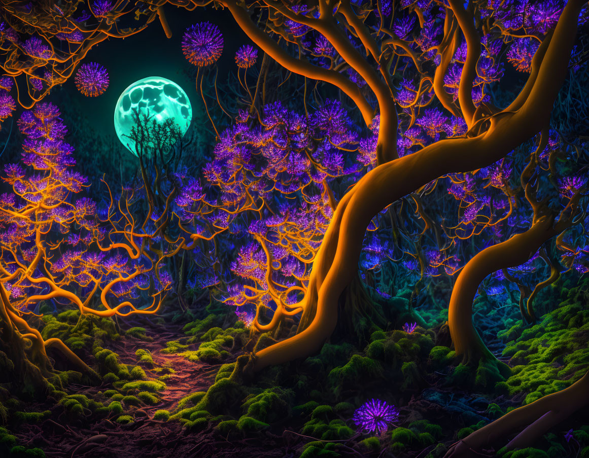 Vibrant fantasy forest with glowing purple trees under large moon