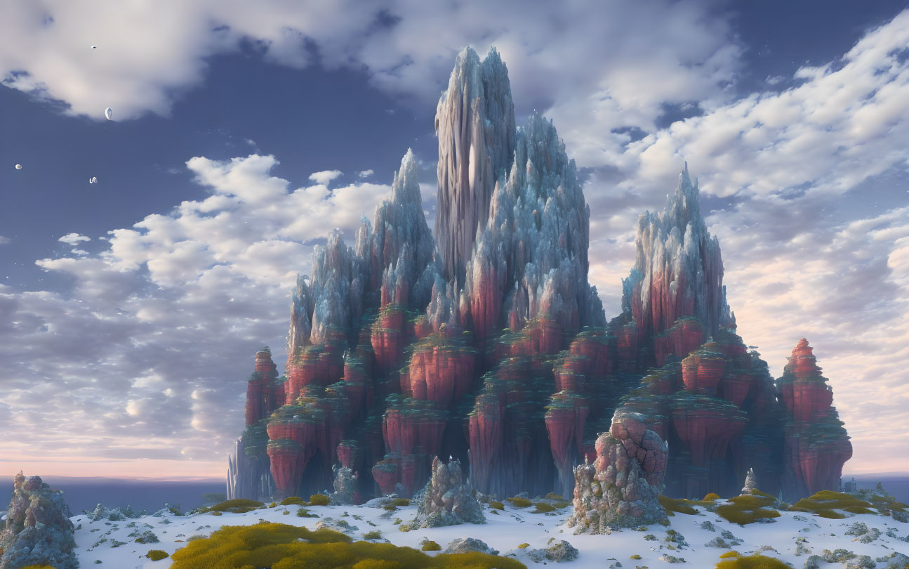 Majestic fantasy landscape with towering crystals and floating rocks