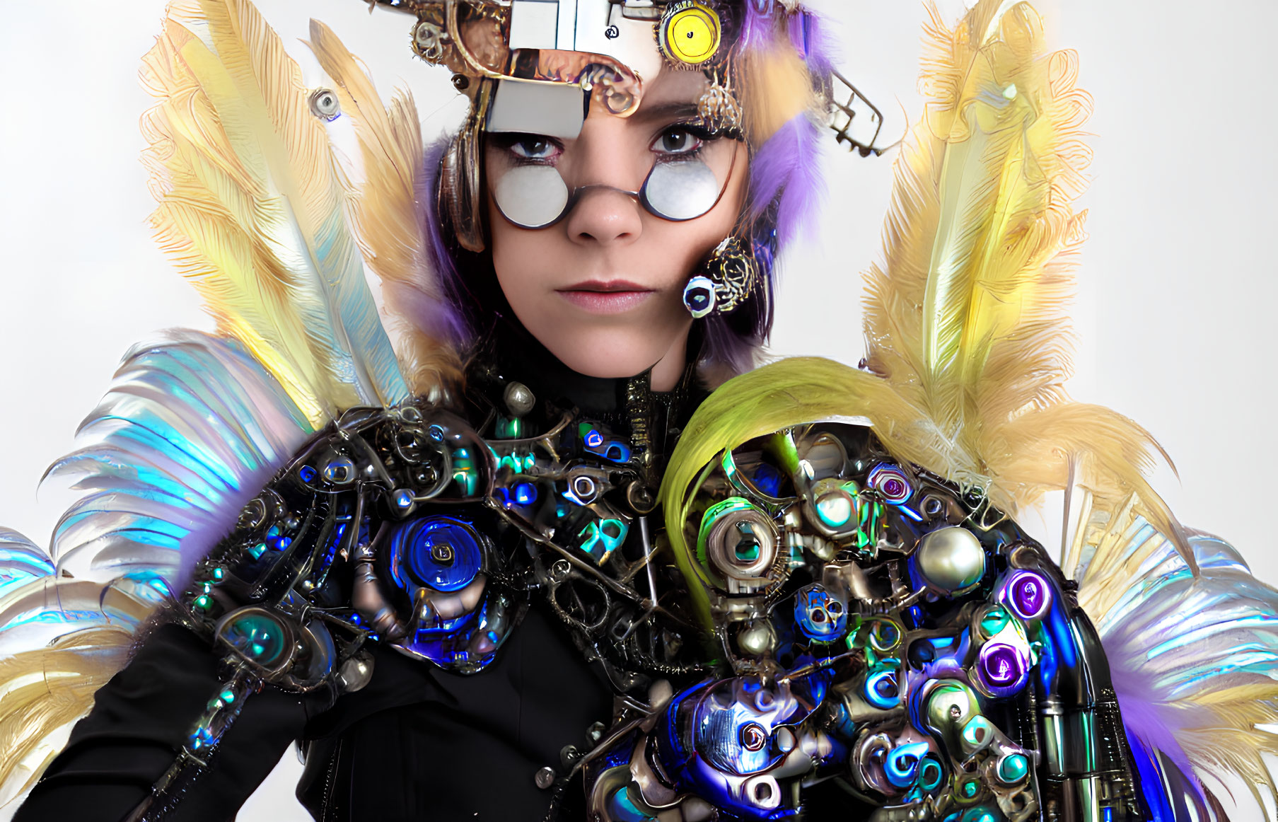 Cyberpunk woman in ornate goggles and mechanical arm costume