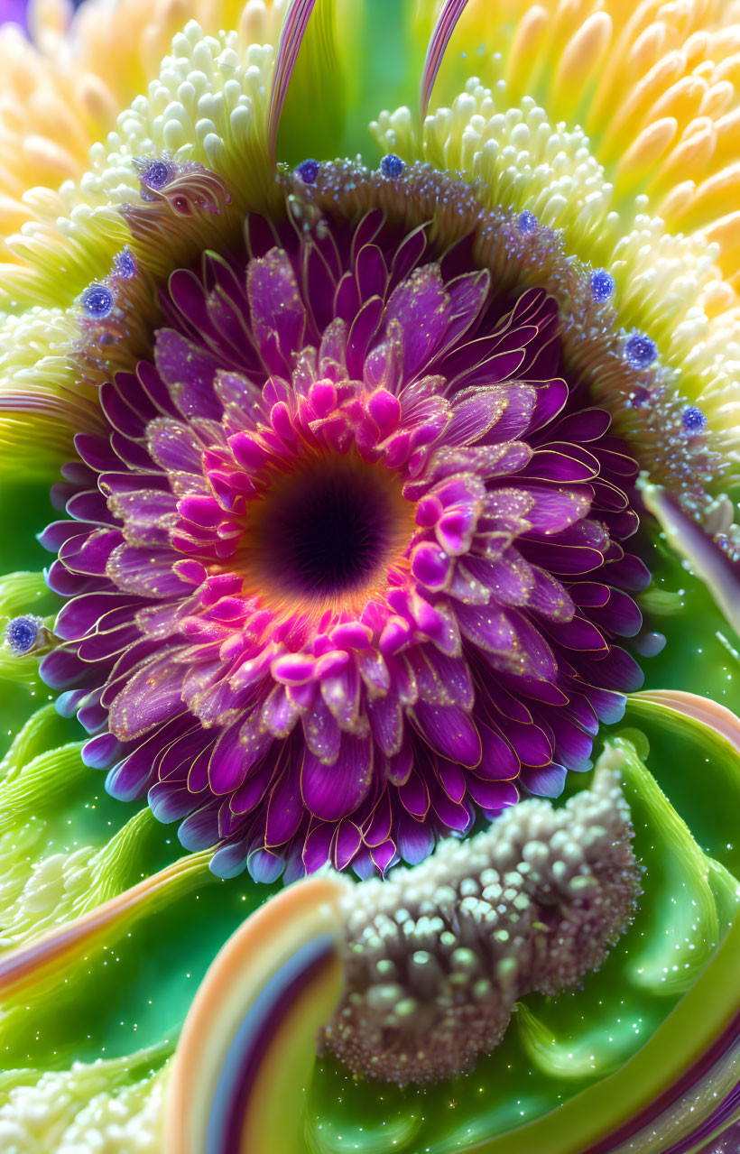 Colorful Macro Shot of Vibrant Flower with Purple, Yellow, Green, and White Hues