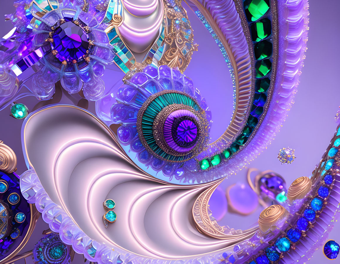 Colorful Digital Fractal Image with Swirling Patterns and Jewel-like Accents