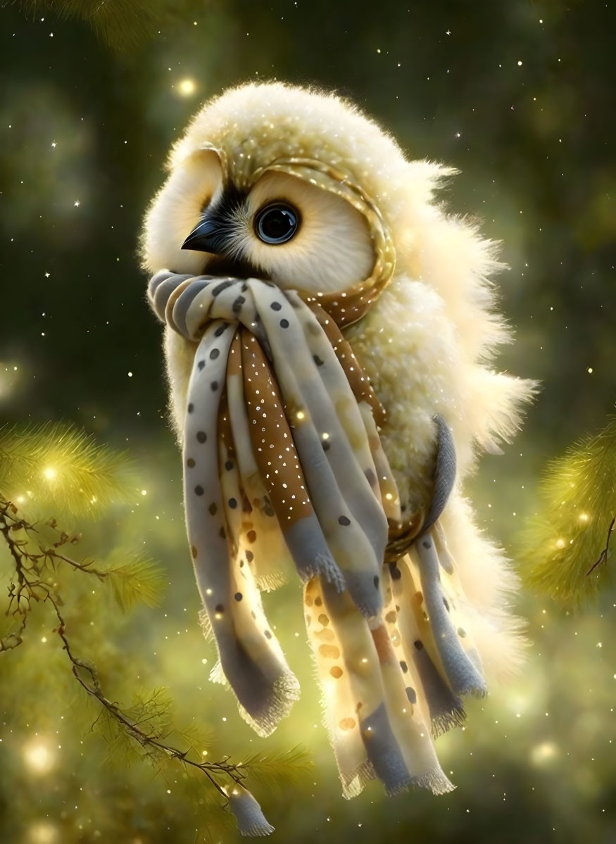 Anthropomorphic owl illustration with big eyes, cozy scarf, twinkling lights, and evergreen branches